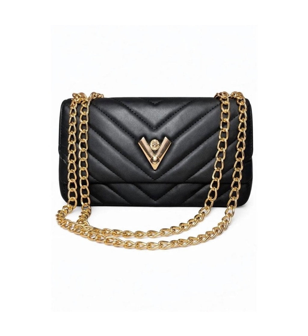 Valentino Orlandi black quilted crossbody front with gold chain
