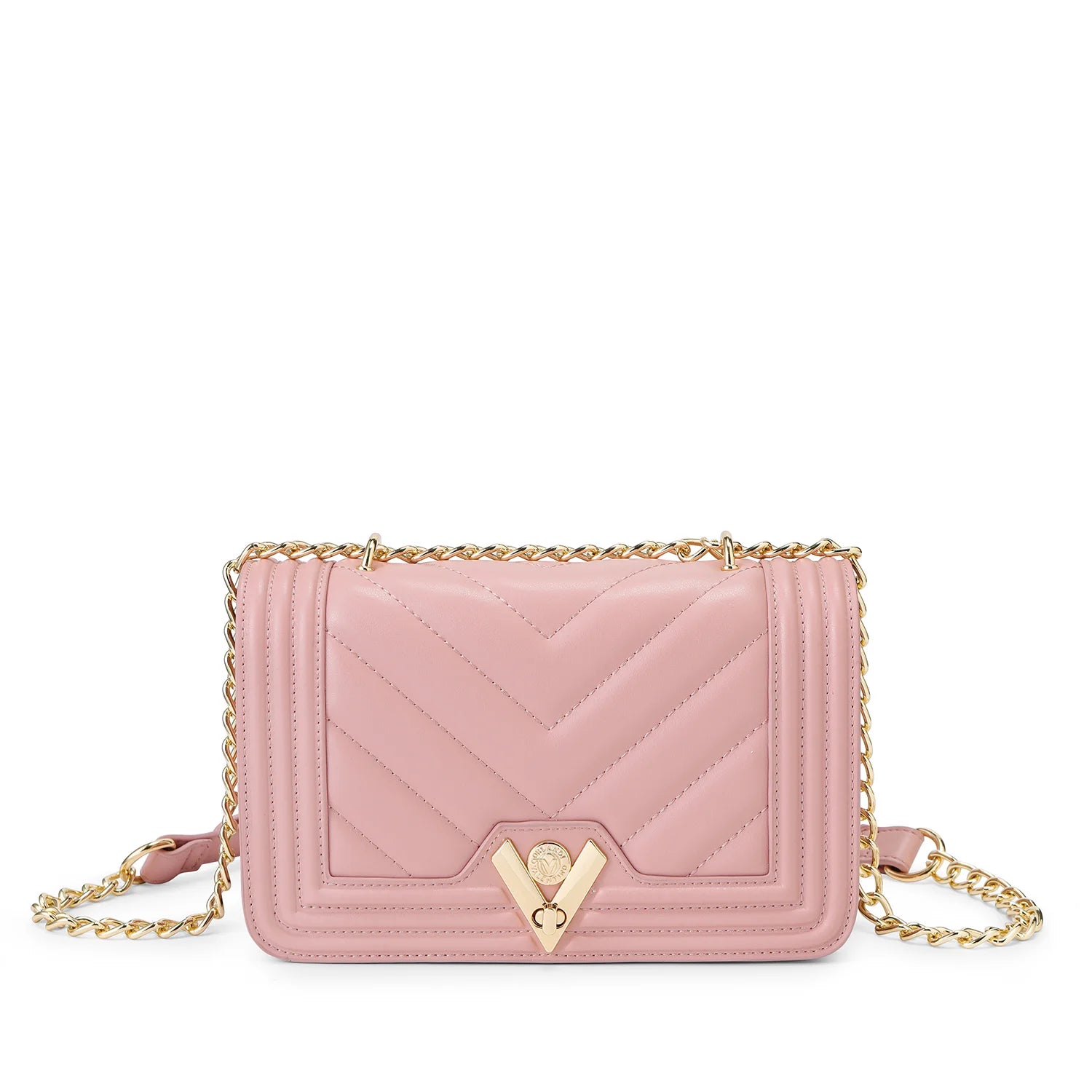 Valentino Orlandi blush pink quilted crossbody bag with gold-tone chain