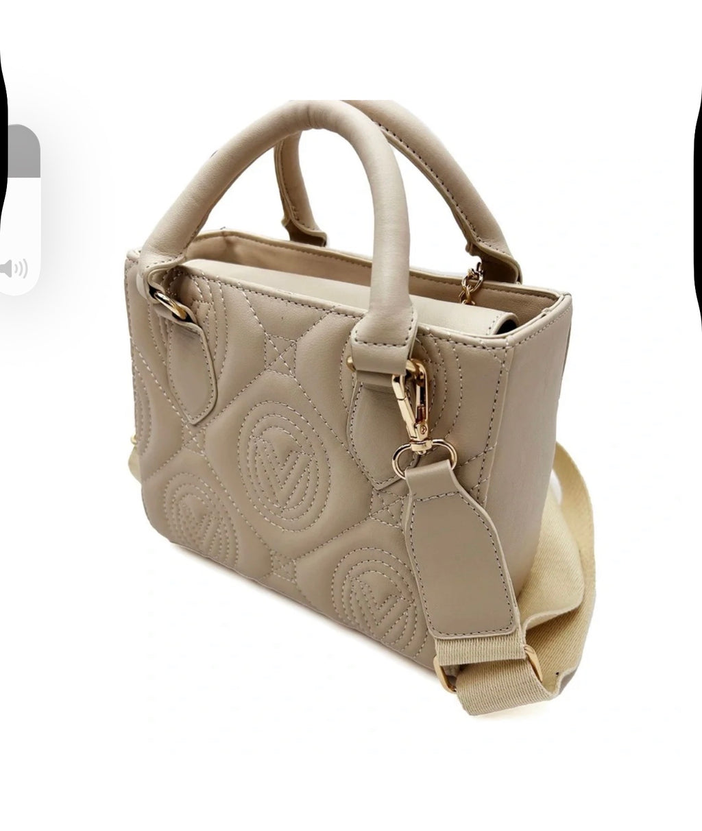 Valentino Orlandi beige compact V-logo quilted tote angled view