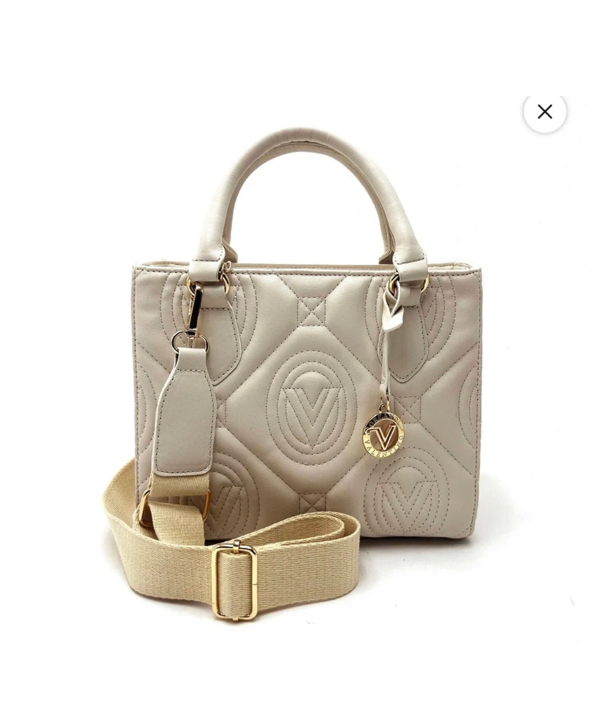 Valentino Orlandi beige compact V-logo quilted tote front view