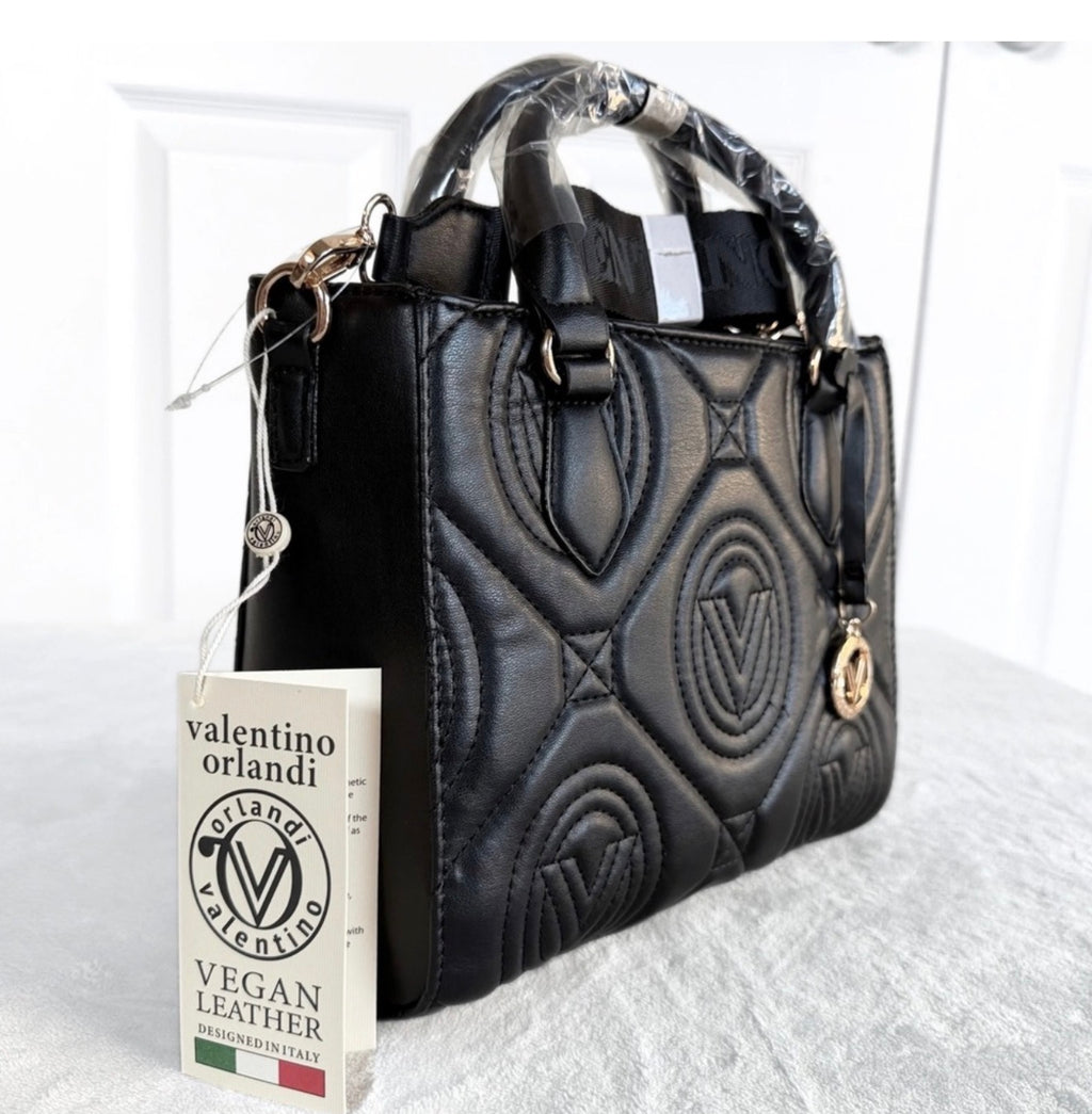 Valentino Orlandi black V-logo quilted tote angled view