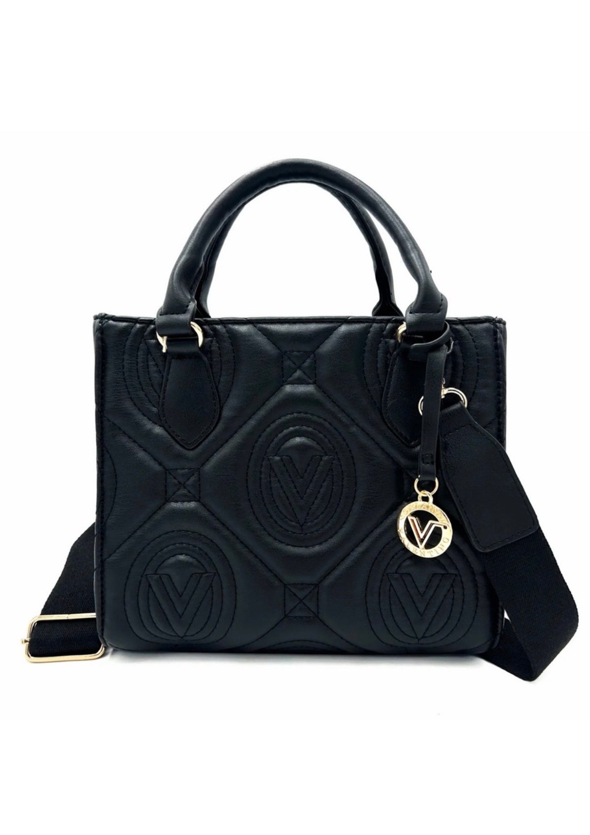 Valentino Orlandi black V-logo quilted tote with wide strap