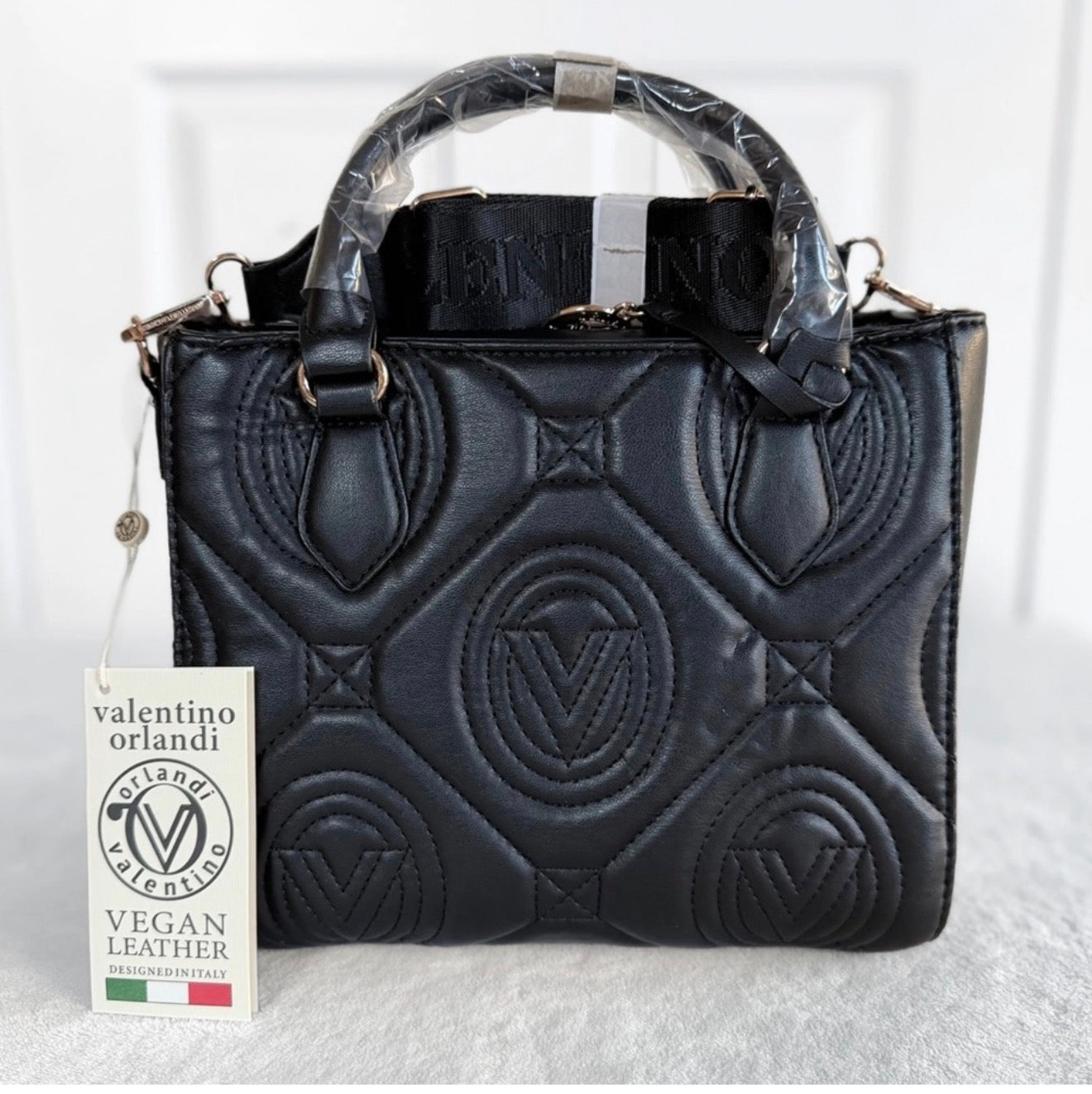 Valentino Orlandi black V-logo quilted tote front view