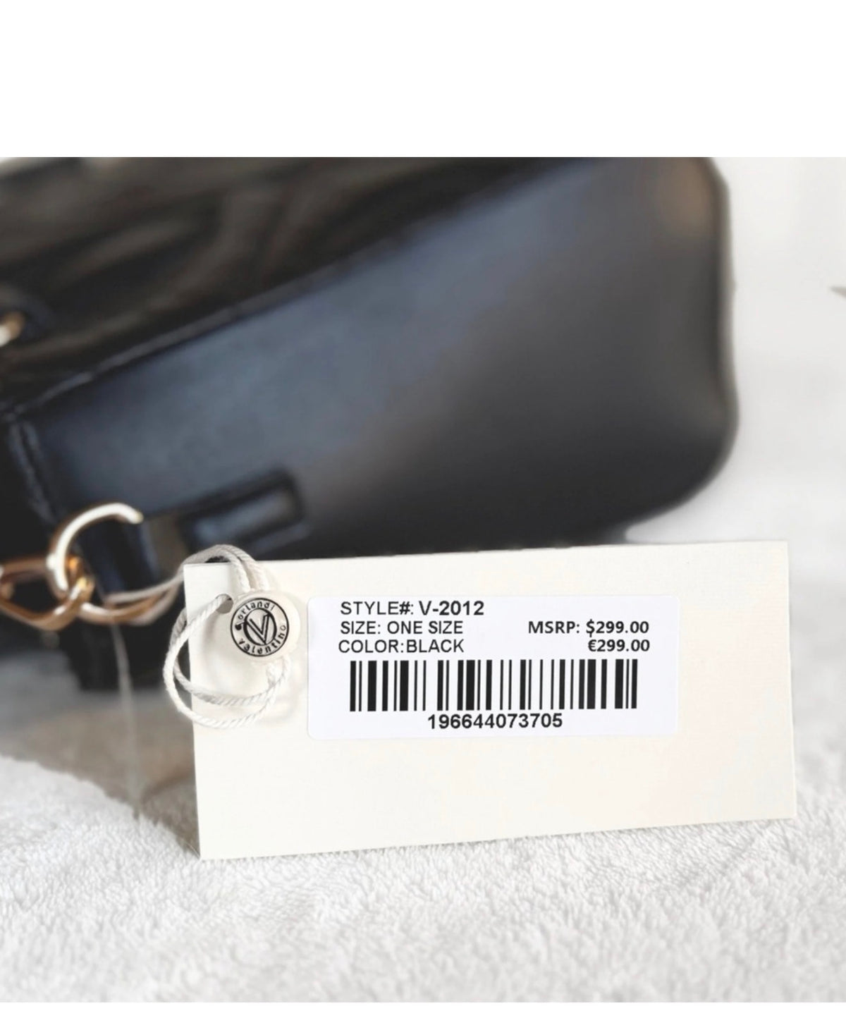 Valentino Orlandi V-2012 black tote style and MSRP tag detail