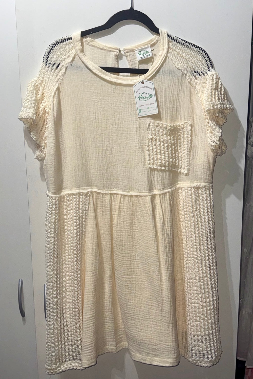 Very J ivory textured gauze crochet-panel dress front