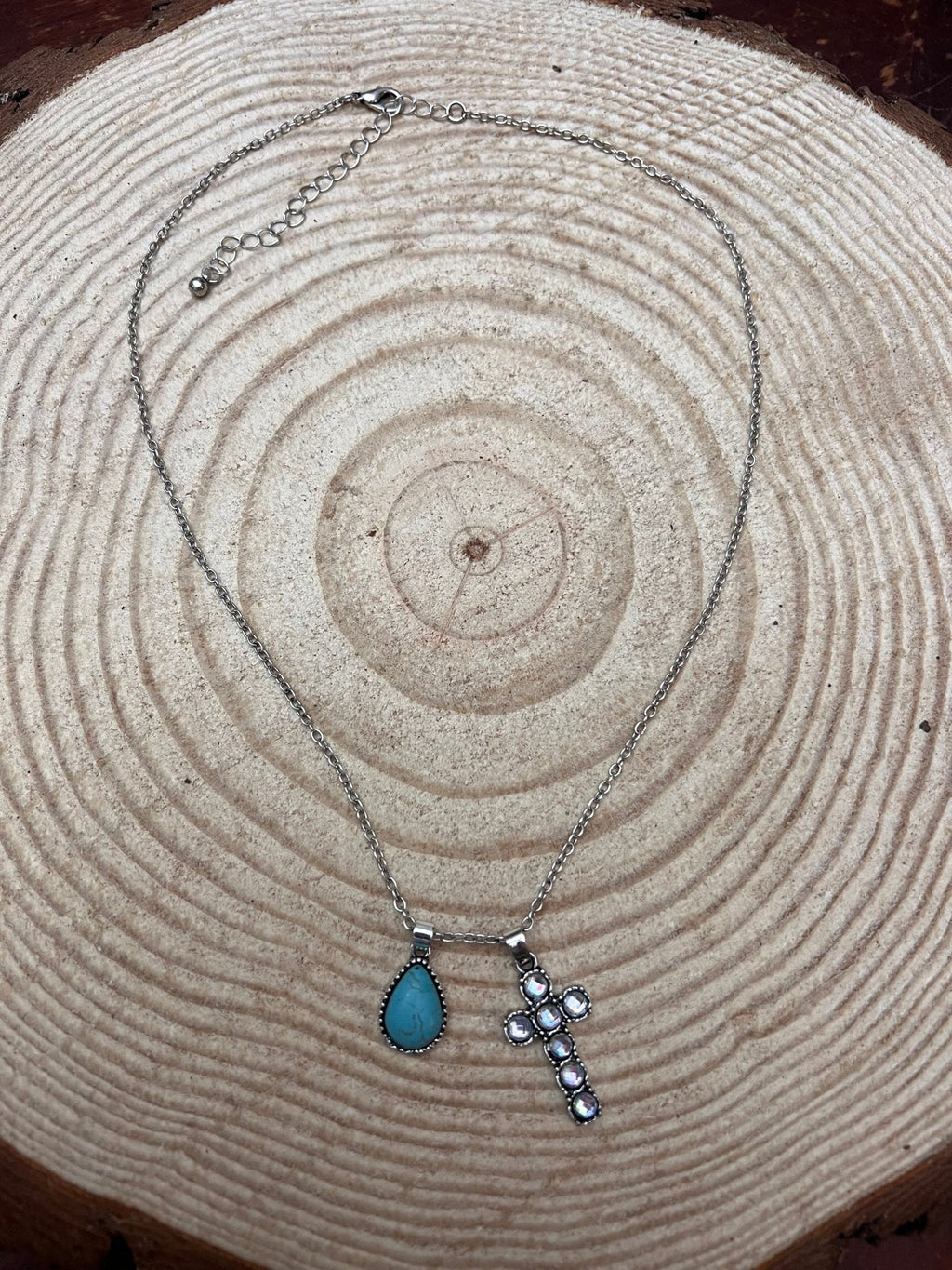 Western Rhinestone Cross And Faux Turquoise Dangle Necklace With Extender