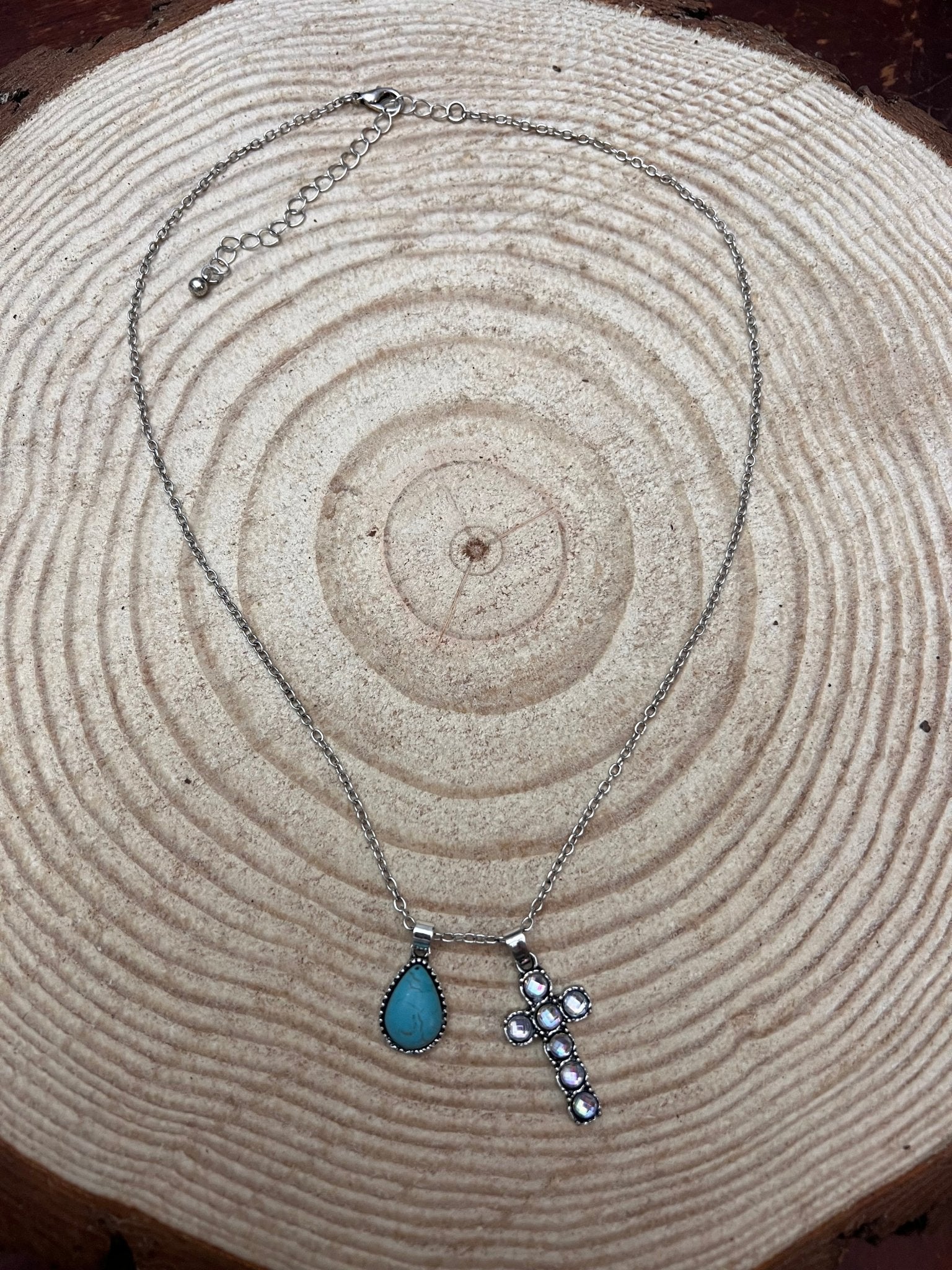 Western Rhinestone Cross And Faux Turquoise Dangle Necklace With Extender