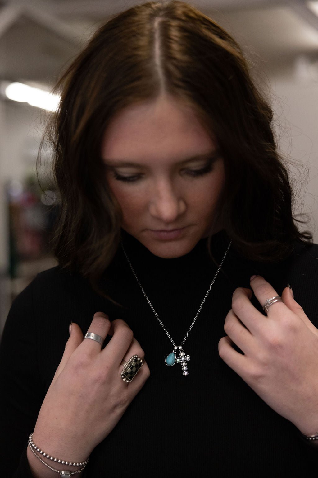 Western Rhinestone Cross And Faux Turquoise Dangle Necklace With Extender