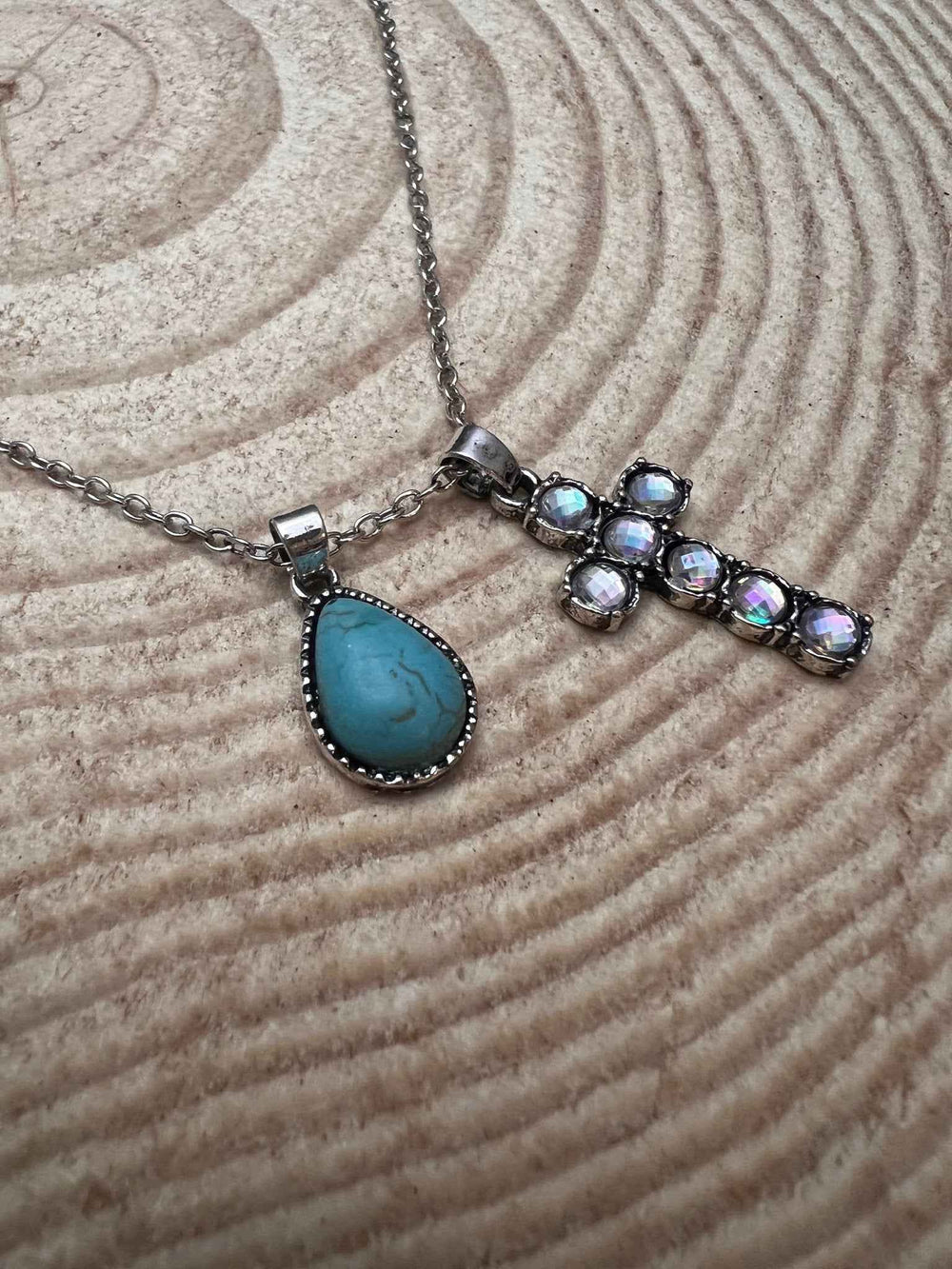 Western Rhinestone Cross And Faux Turquoise Dangle Necklace With Extender