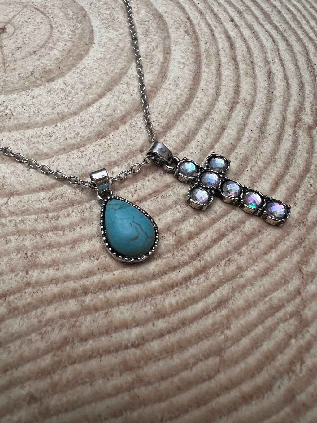 Western Rhinestone Cross And Faux Turquoise Dangle Necklace With Extender