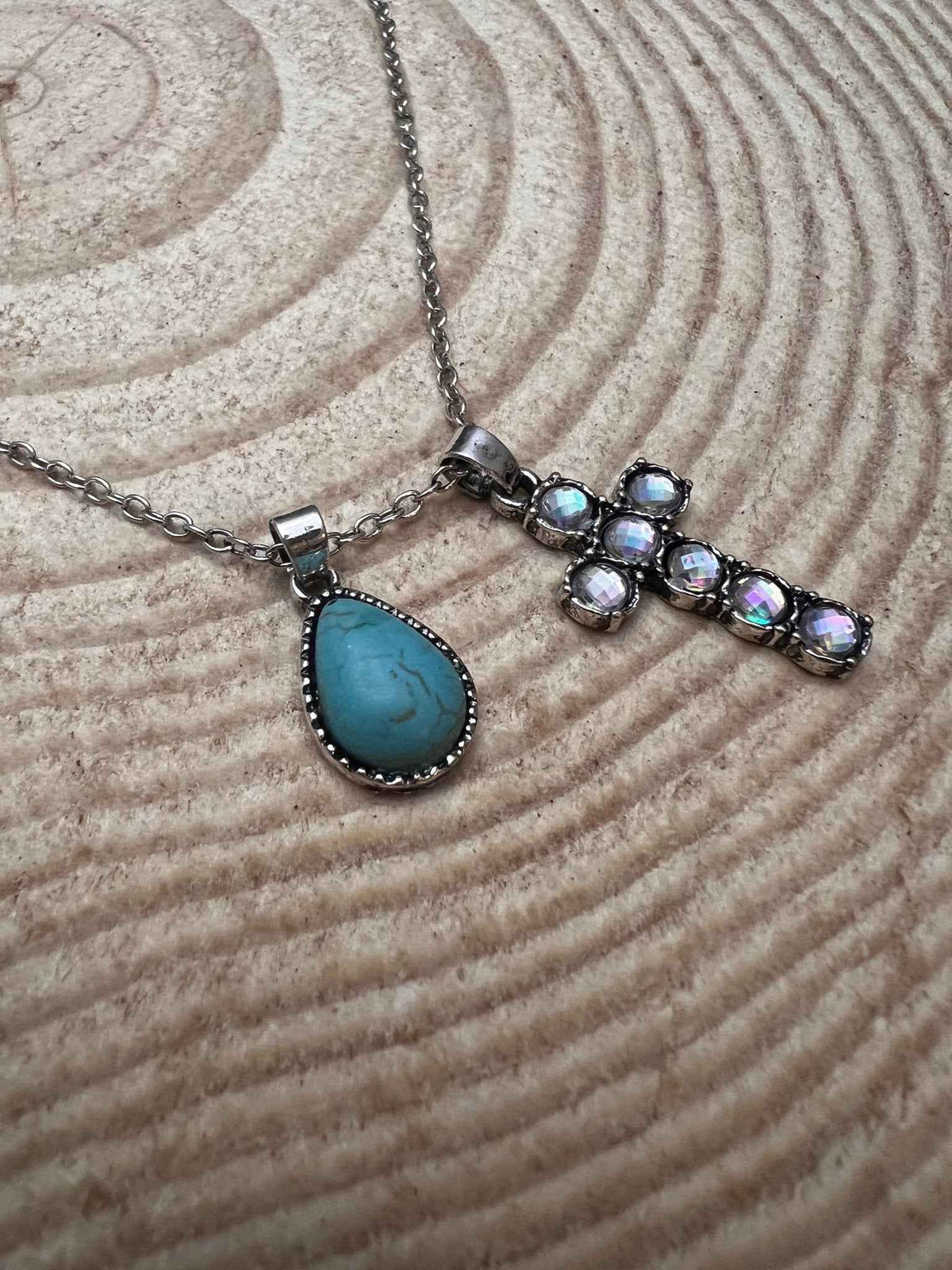 Western Rhinestone Cross And Faux Turquoise Dangle Necklace With Extender