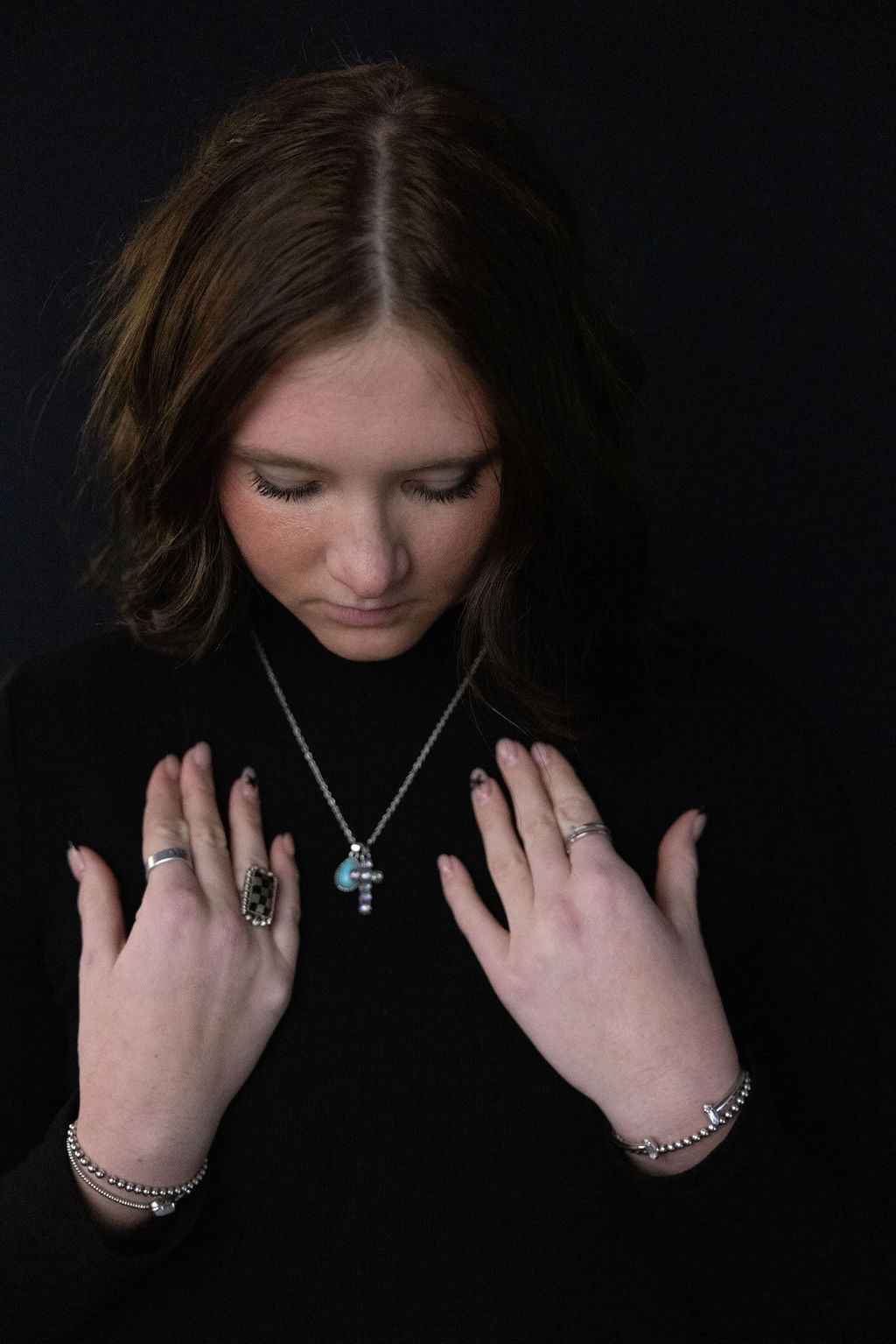Western Rhinestone Cross And Faux Turquoise Dangle Necklace With Extender