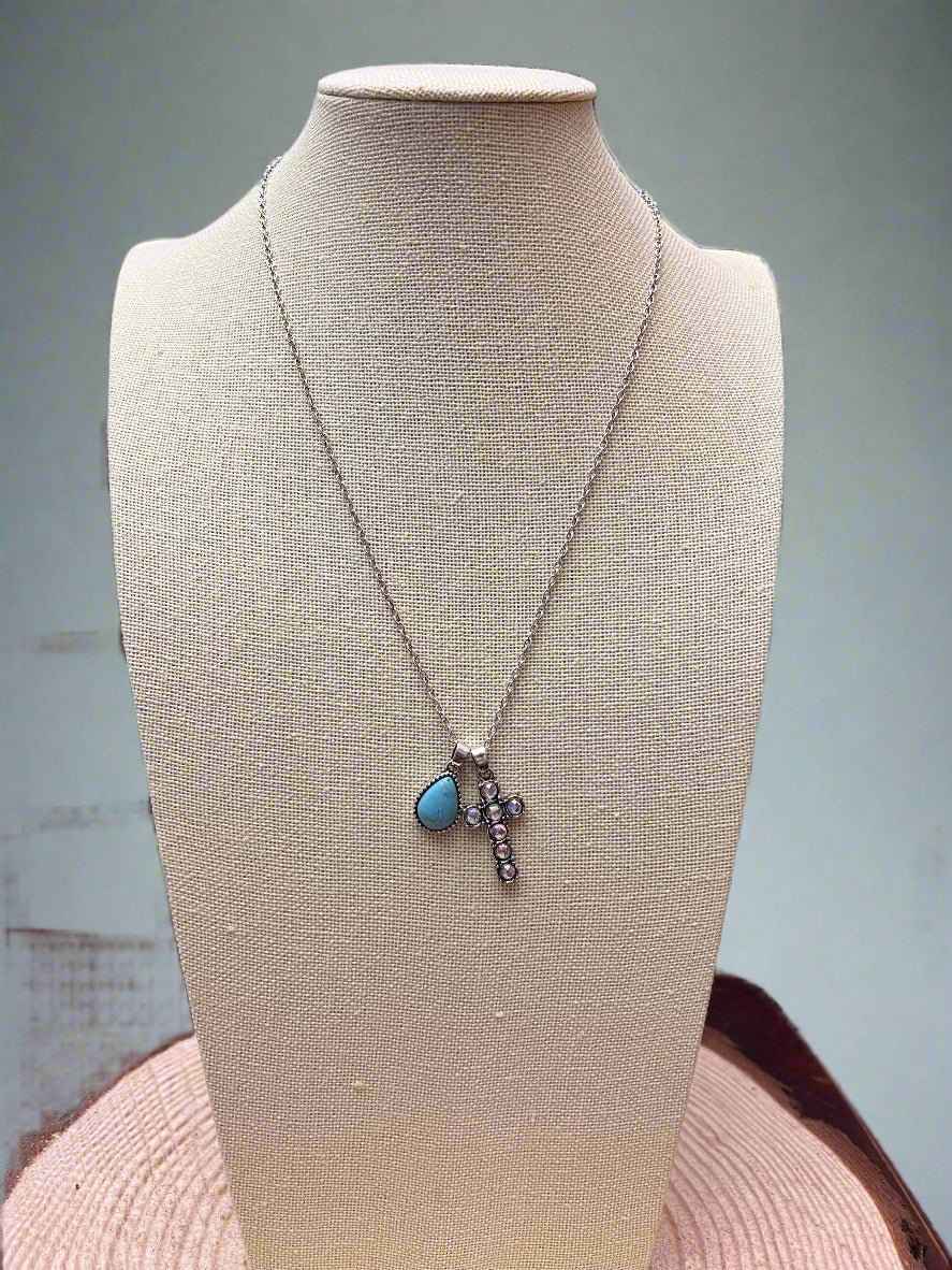 Western Rhinestone Cross And Faux Turquoise Dangle Necklace With Extender