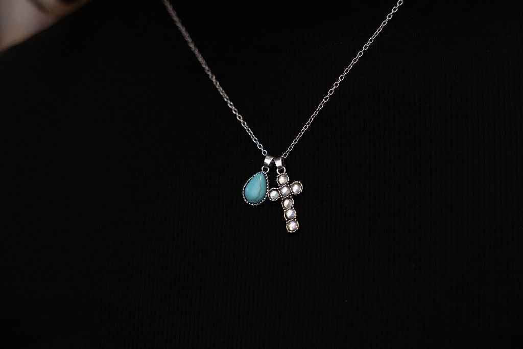Western Rhinestone Cross And Faux Turquoise Dangle Necklace With Extender
