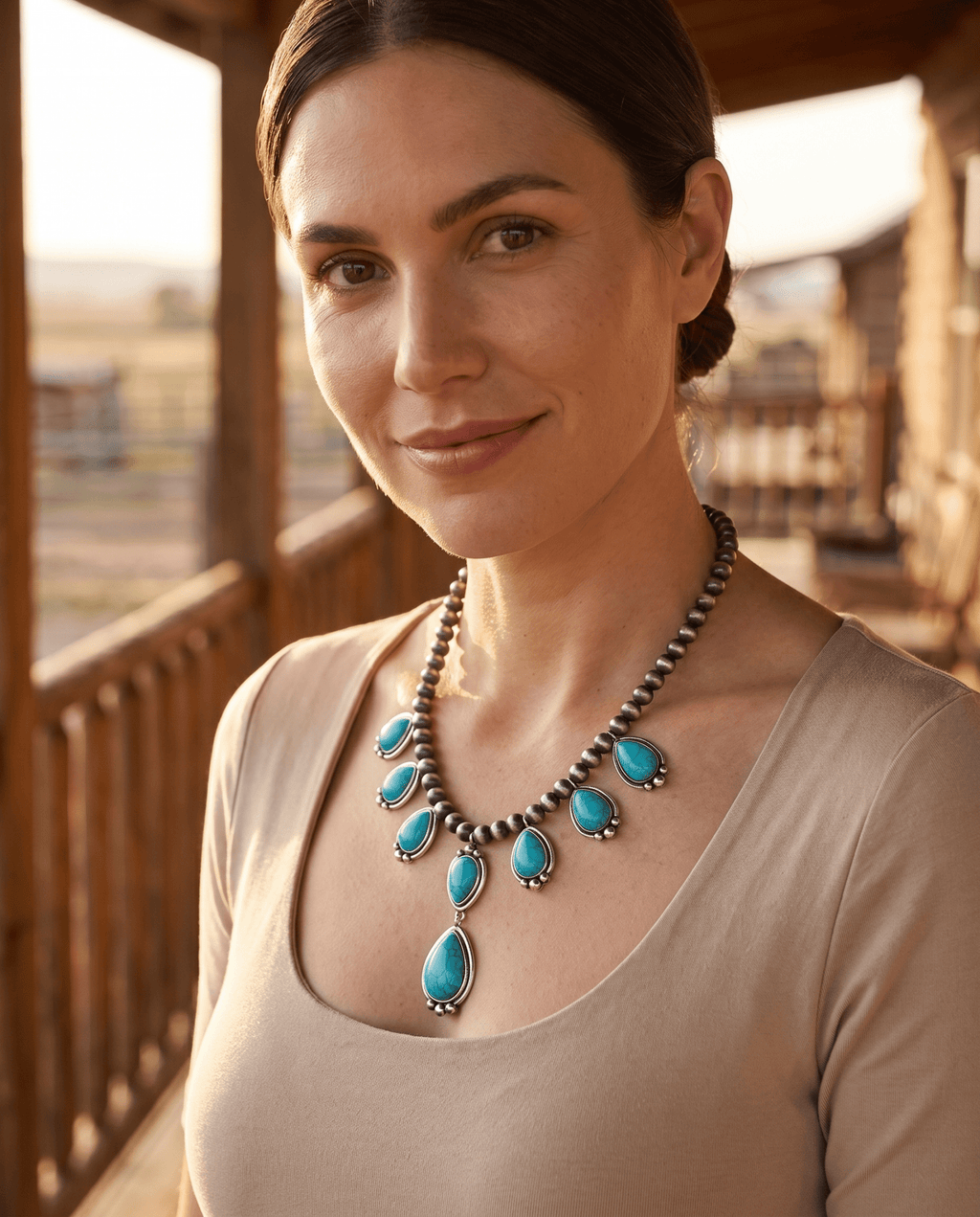 Western Teardrop Faux Turquoise And Sterling Pearl Necklace 16 Inch