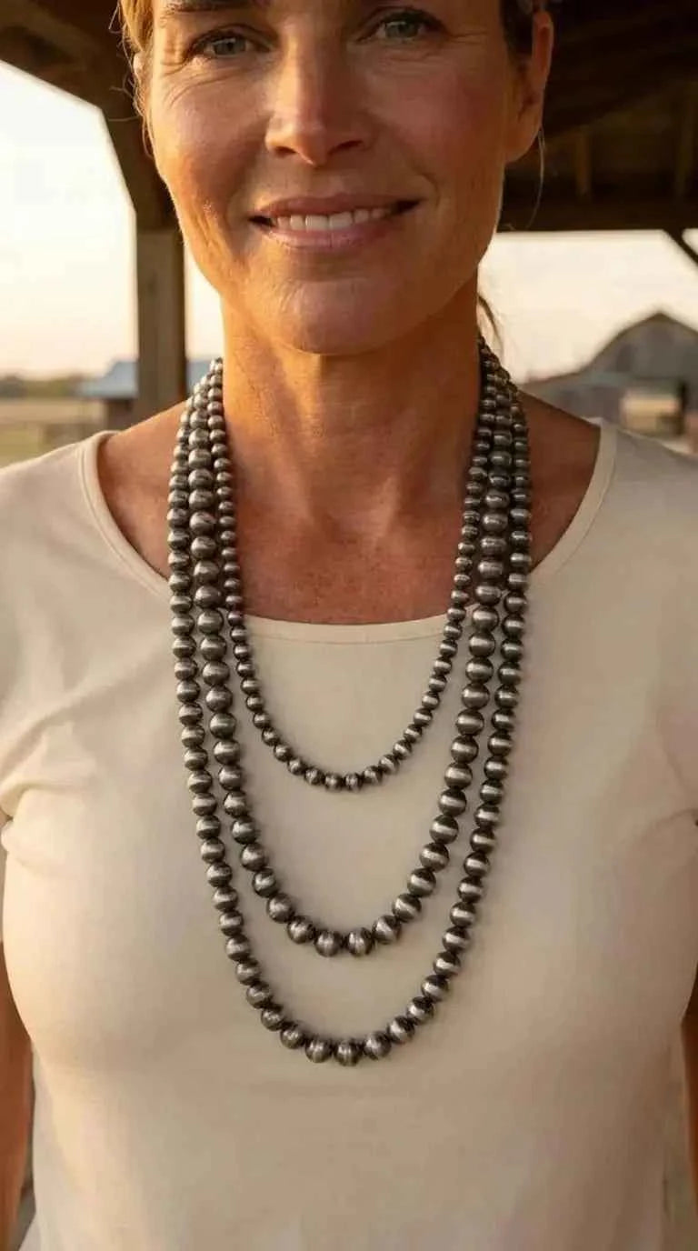 Western Triple Strand Burnished Faux Sterling Pearl Long Layered Necklace
