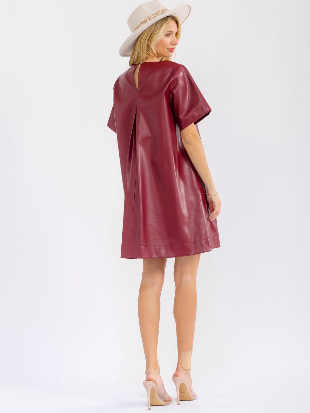 Wine faux-leather mini dress back view