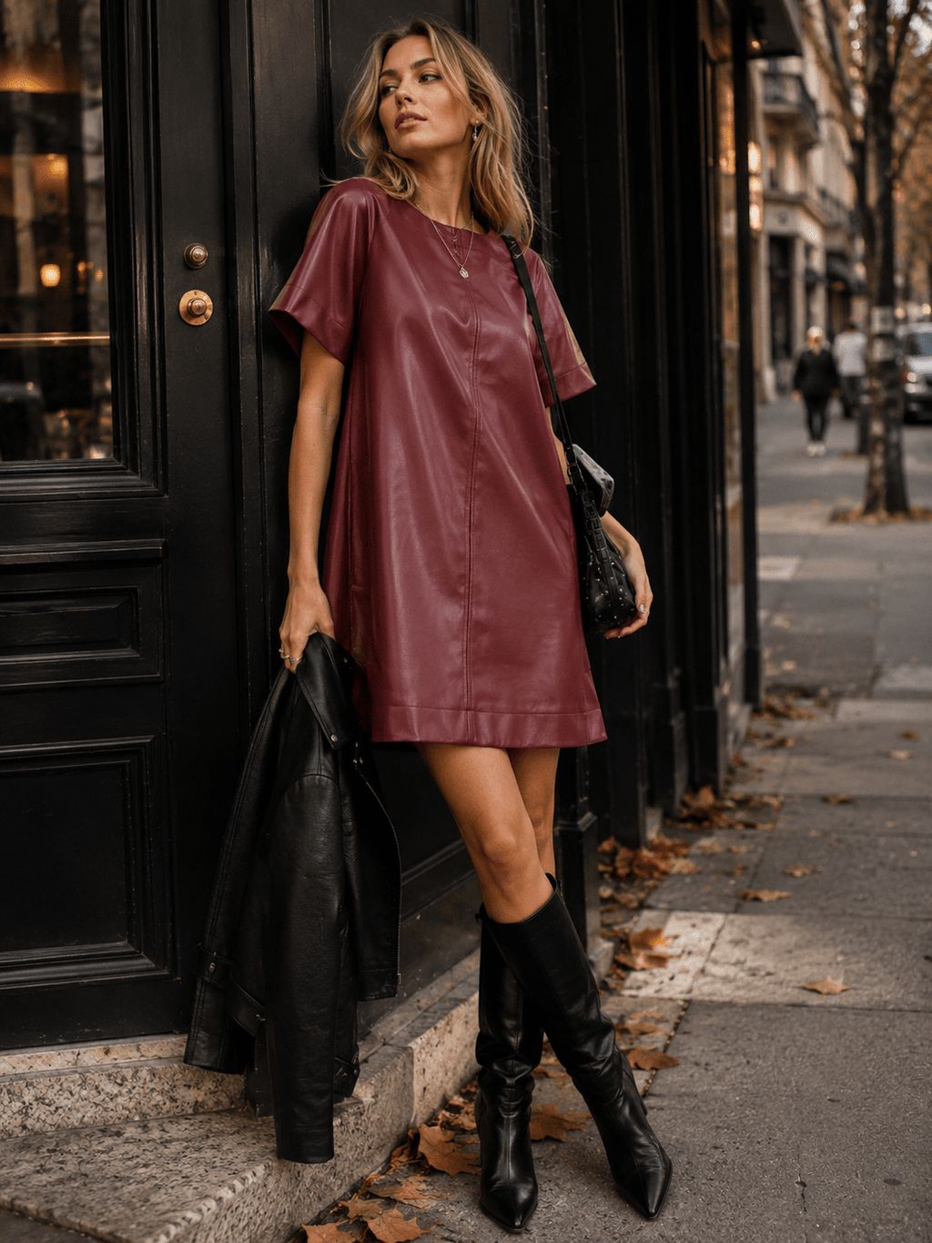 Wine faux-leather pocket mini dress front view