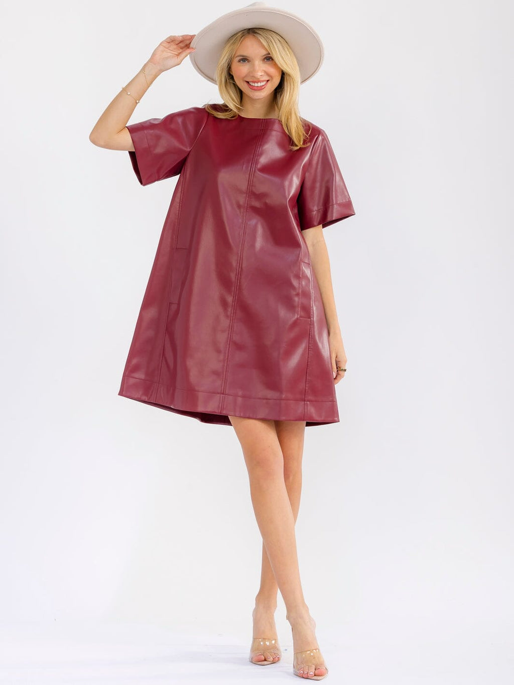 Wine faux-leather loose-fit mini dress on model