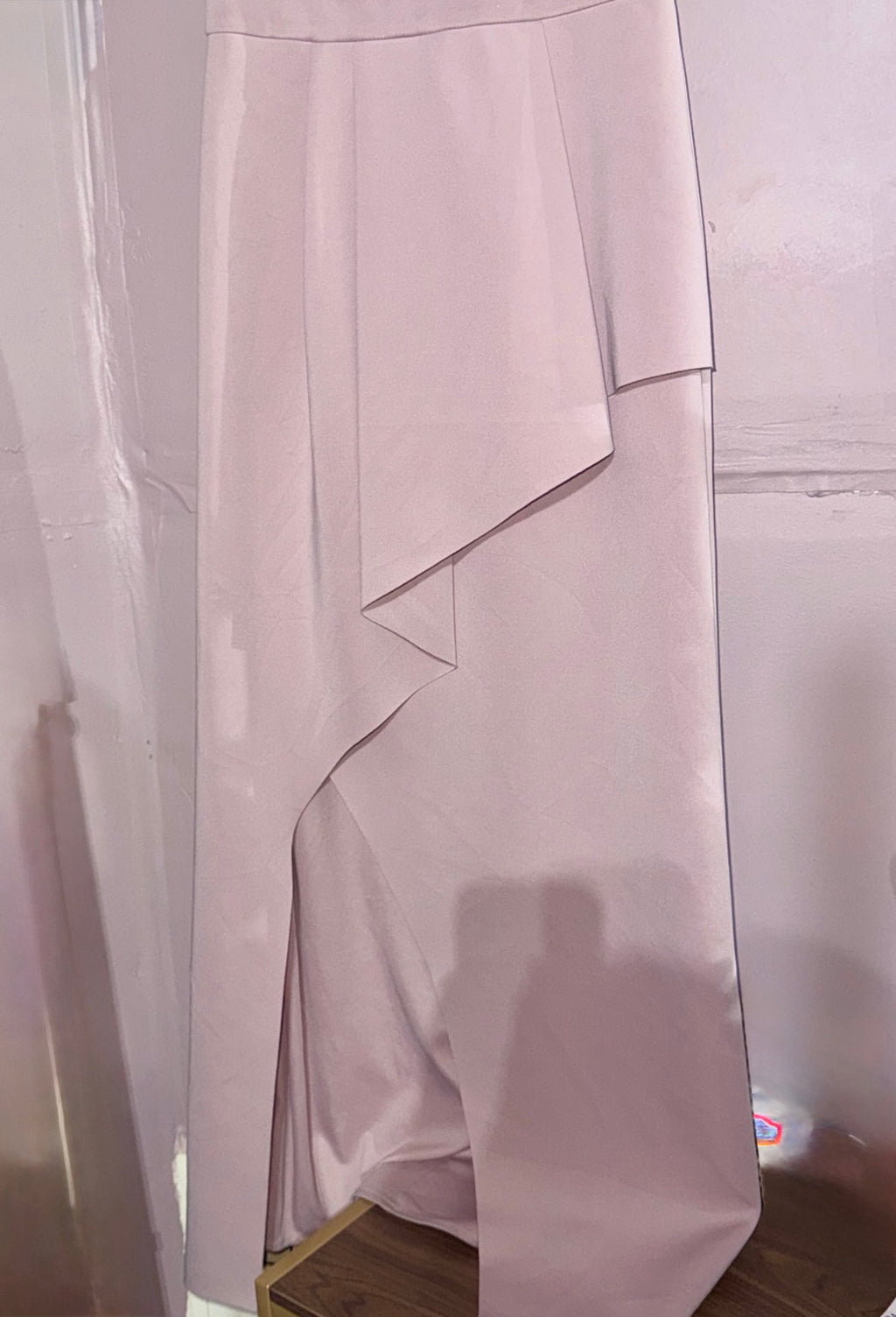 Xscape blush gown flat asymmetrical overlay and front slit detail