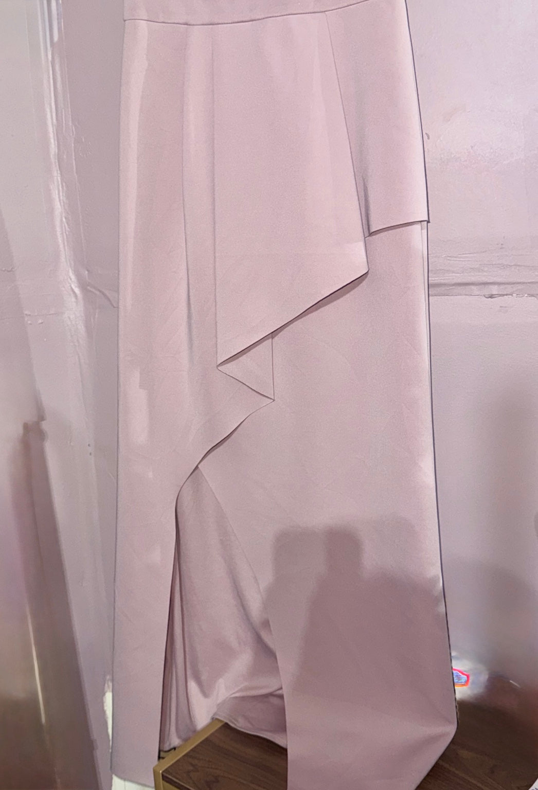 Xscape blush gown flat asymmetrical overlay and front slit detail