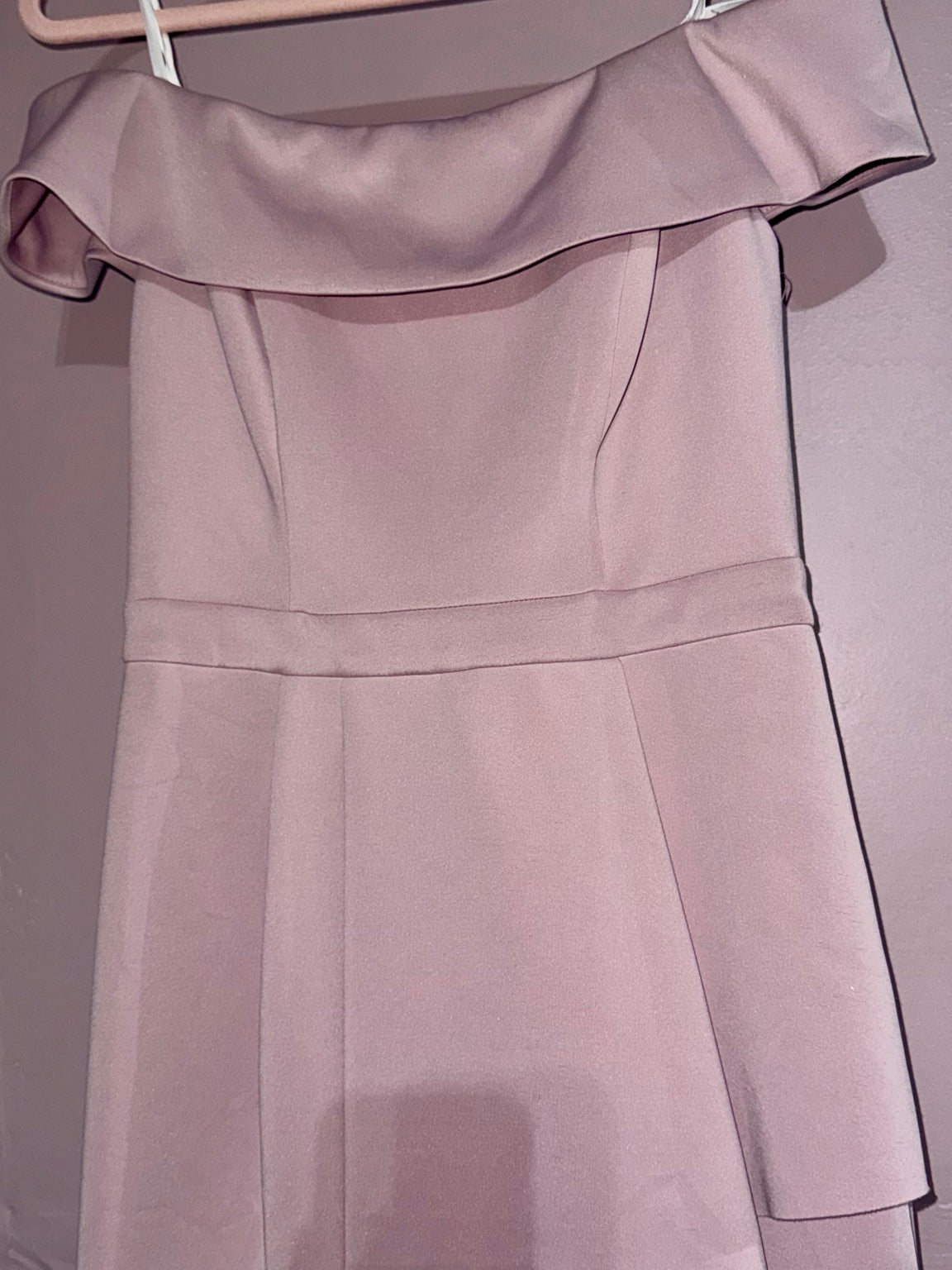 Actual Xscape blush off-the-shoulder wrap-front gown back