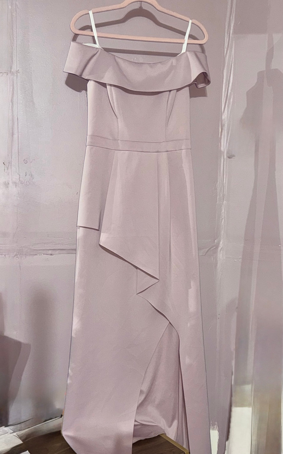 Actual Xscape blush off-the-shoulder wrap-front gown front