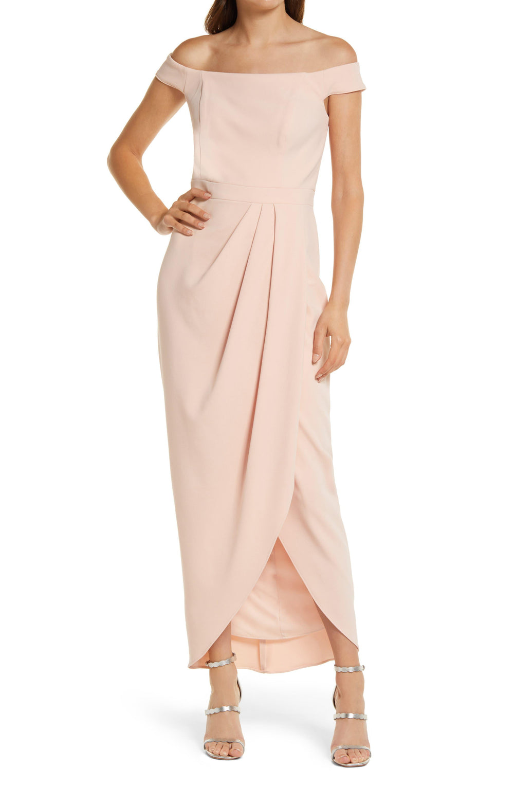 Xscape Blush Off-the-Shoulder Wrap-Front Gown – Formal