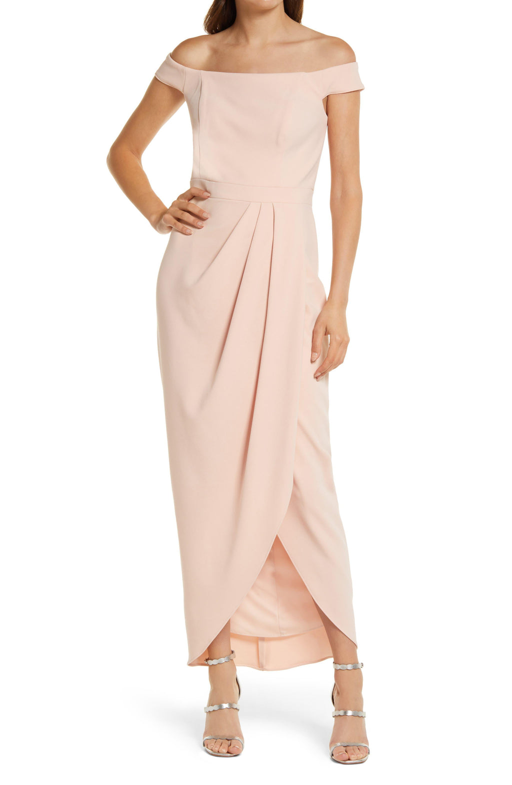 Xscape blush off-the-shoulder wrap-front scuba crepe gown front on model