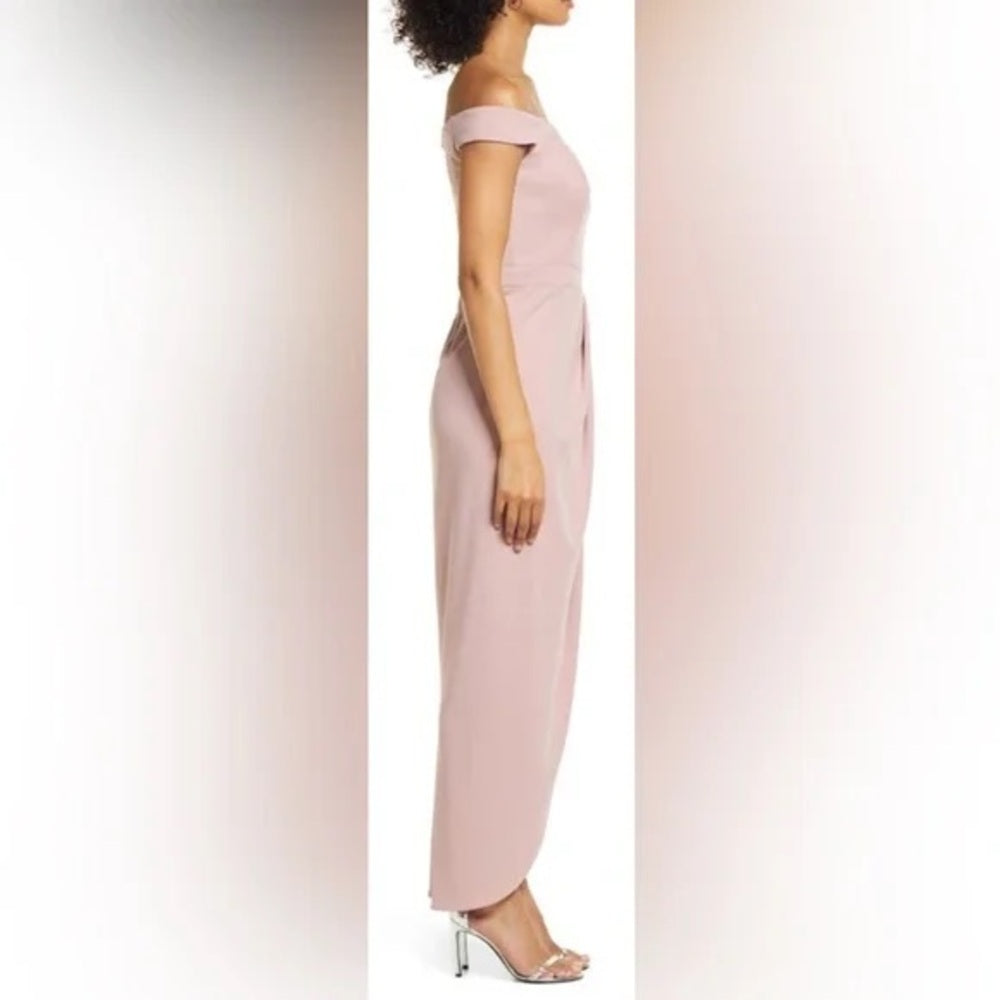 Xscape blush off-the-shoulder wrap-front scuba crepe gown angled on model