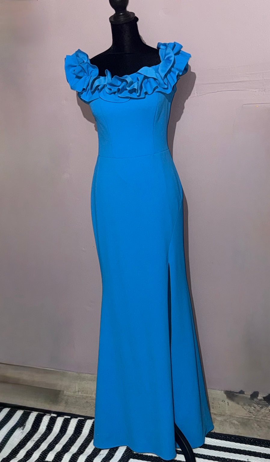Xscape cobalt blue ruffle-neck formal gown with front slit