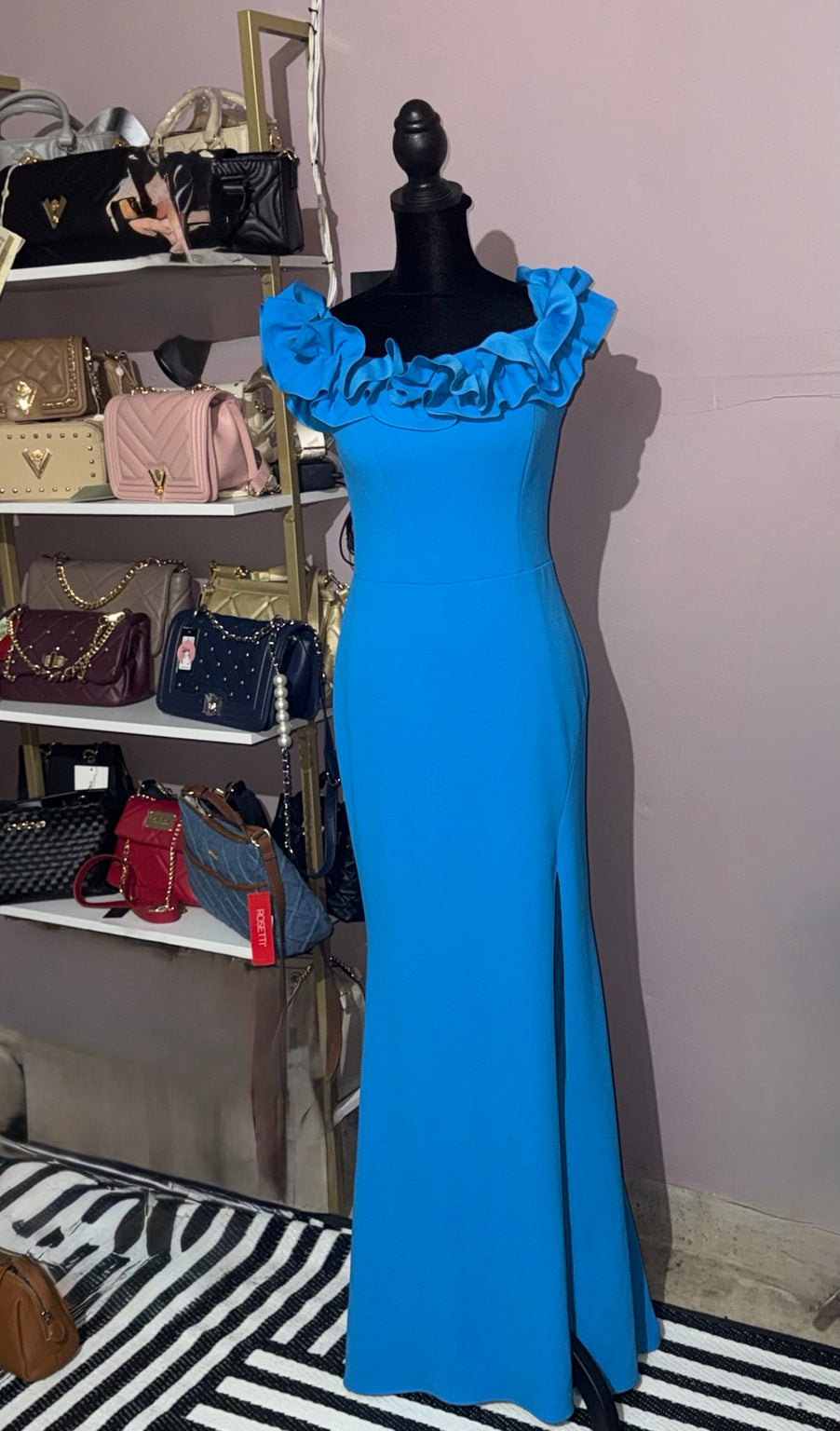 Xscape cobalt blue ruffle-neck floor-length formal gown