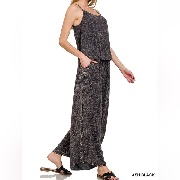 Zenana Ash Black acid crinkle-washed cami and wide-leg pants two-piece set