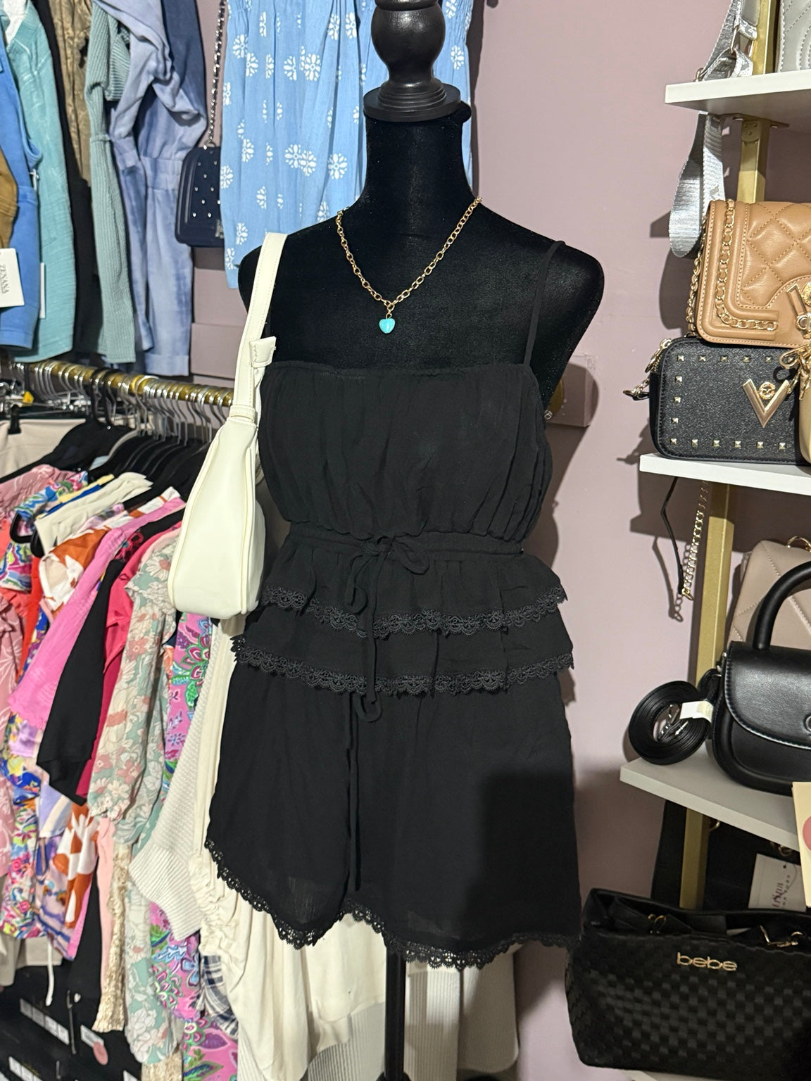Zenana black lace-trim camisole and shorts two-piece set