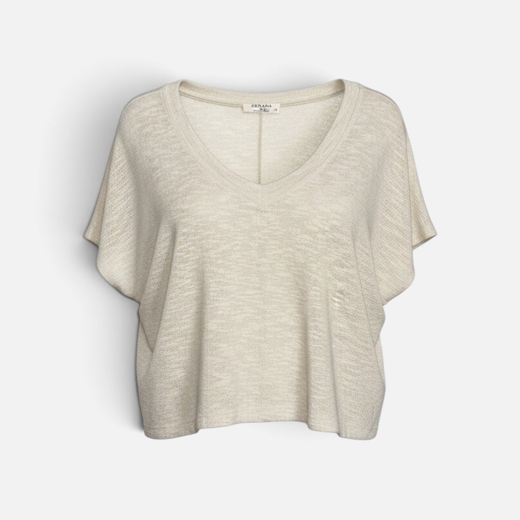 Cream Zenana textured knit top with a V-neck, loose short dolman sleeves and relaxed silhouette
