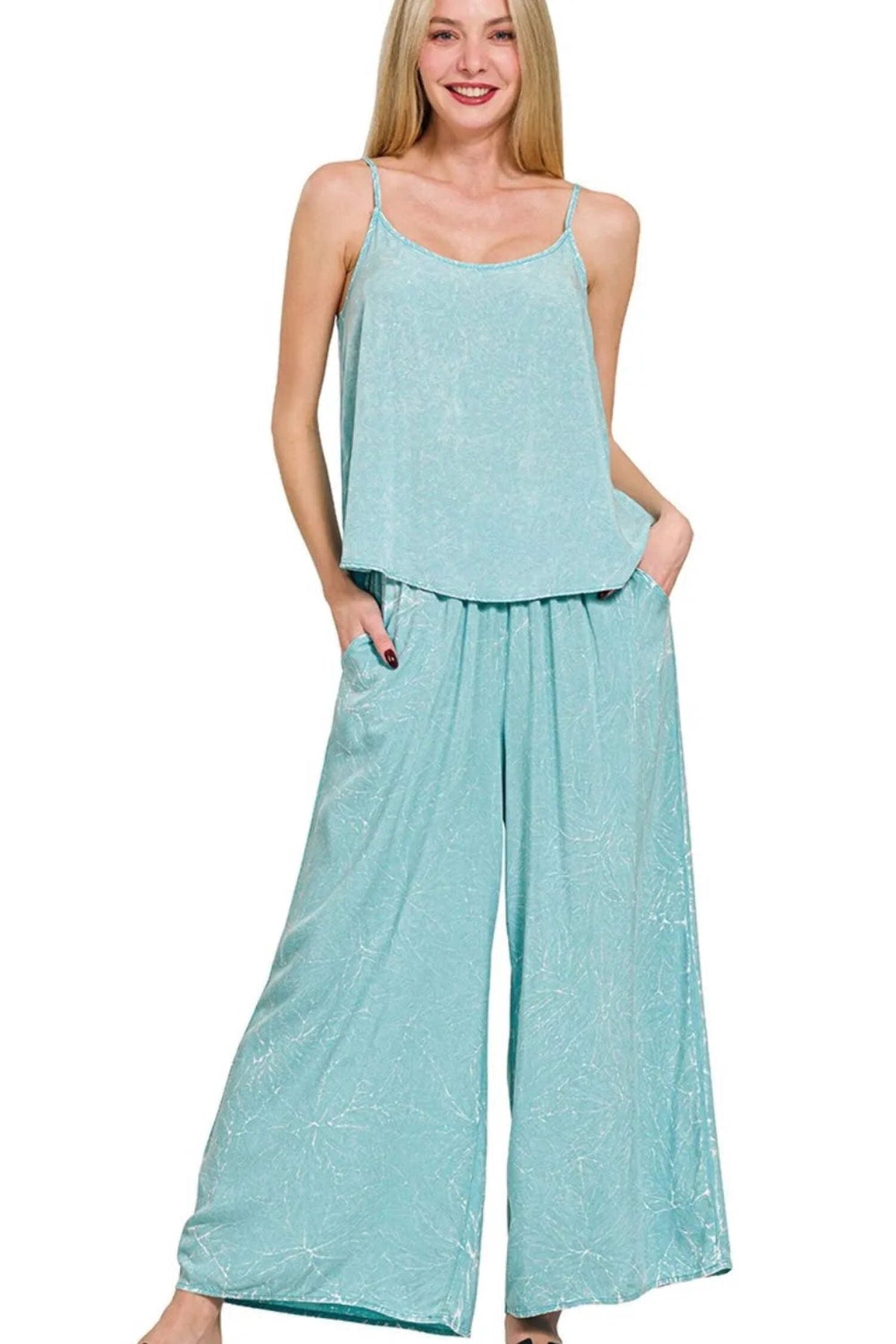 Zenana Dusty Teal acid crinkle-washed cami and wide-leg pants two-piece set